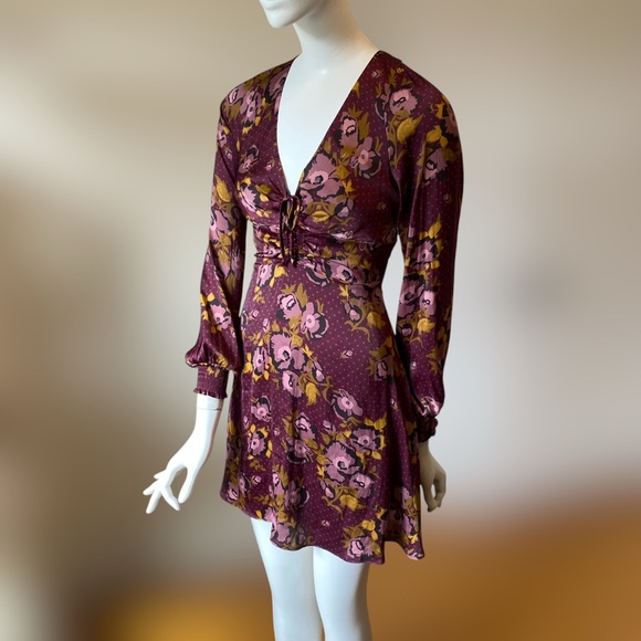 Free People burgundy Morning Light floral fit & flare long sleeve mini dress 10 - Picture 3 of 12